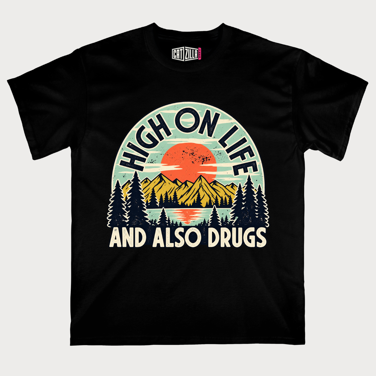 High on Life and Also Drugs Retro Mountain T-Shirt