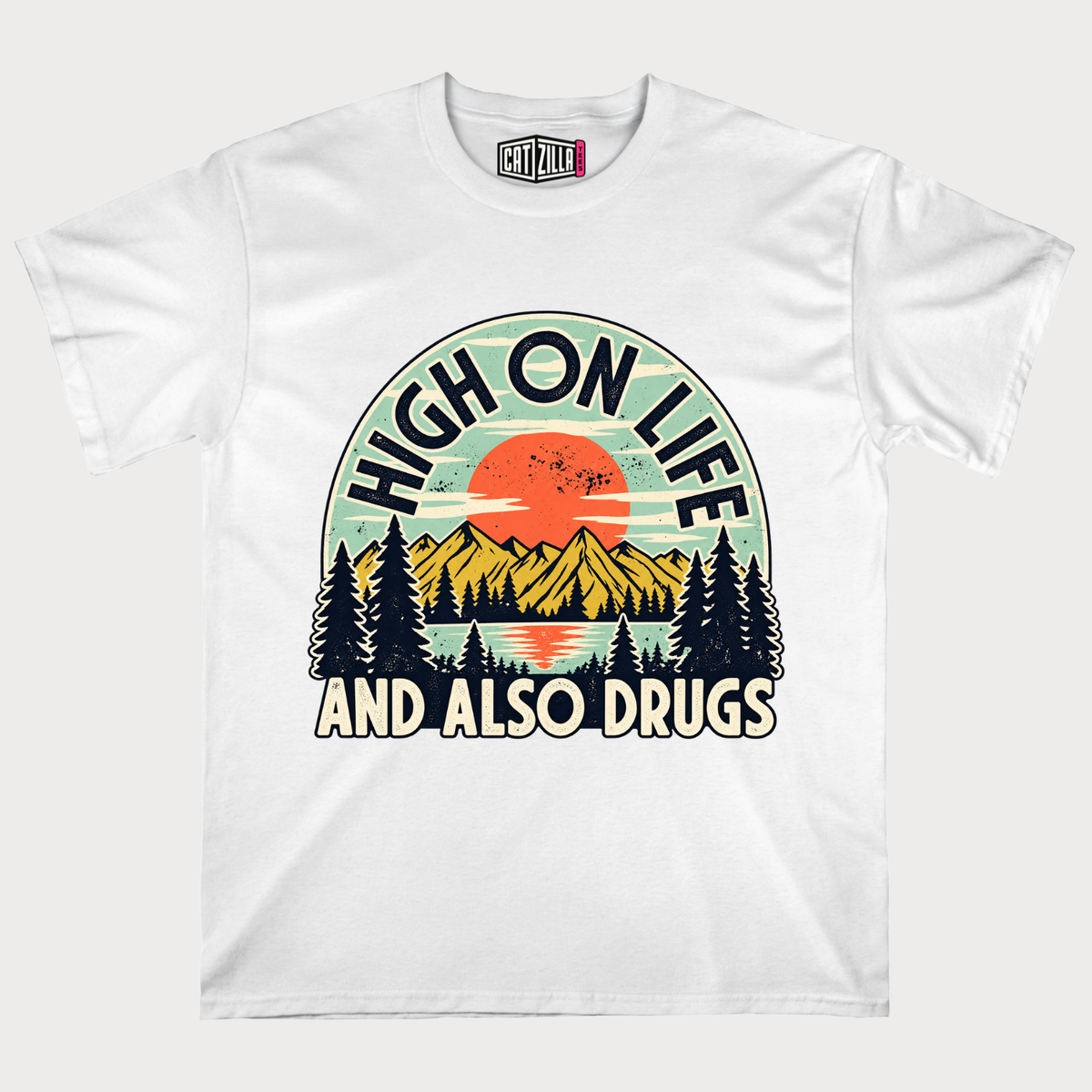 High on Life and Also Drugs Retro Mountain T-Shirt