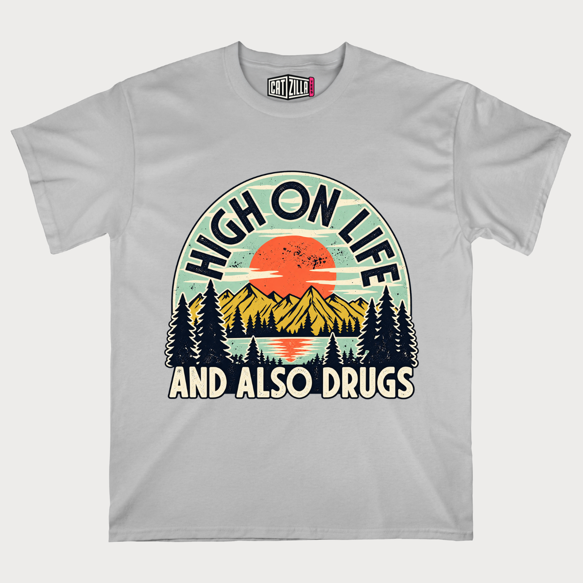 High on Life and Also Drugs Retro Mountain T-Shirt