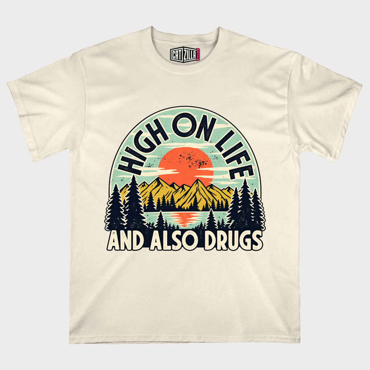High on Life and Also Drugs Retro Mountain T-Shirt