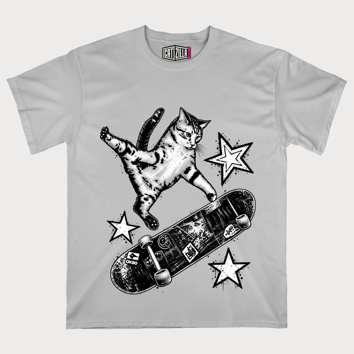 Skateboarding Cat T-Shirt — Retro Grayscale Skateboard Kitty Tee