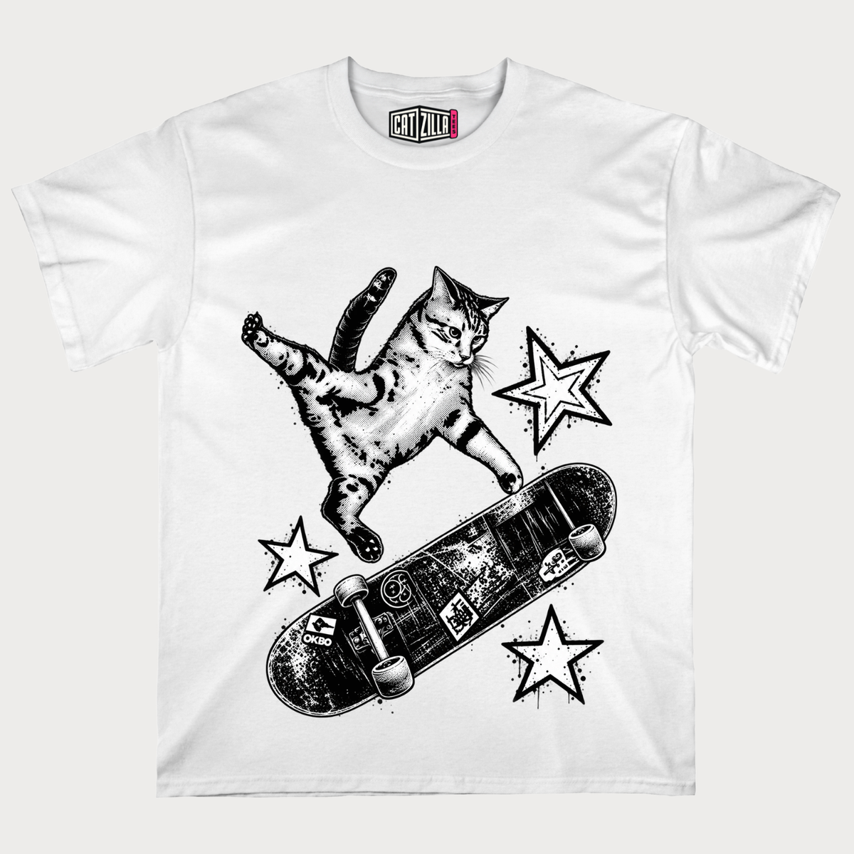 Skateboarding Cat T-Shirt — Retro Grayscale Skateboard Kitty Tee
