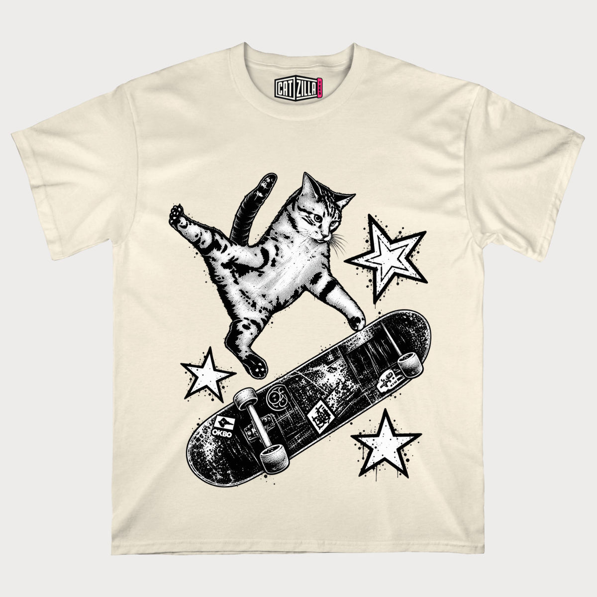 Skateboarding Cat T-Shirt — Retro Grayscale Skateboard Kitty Tee