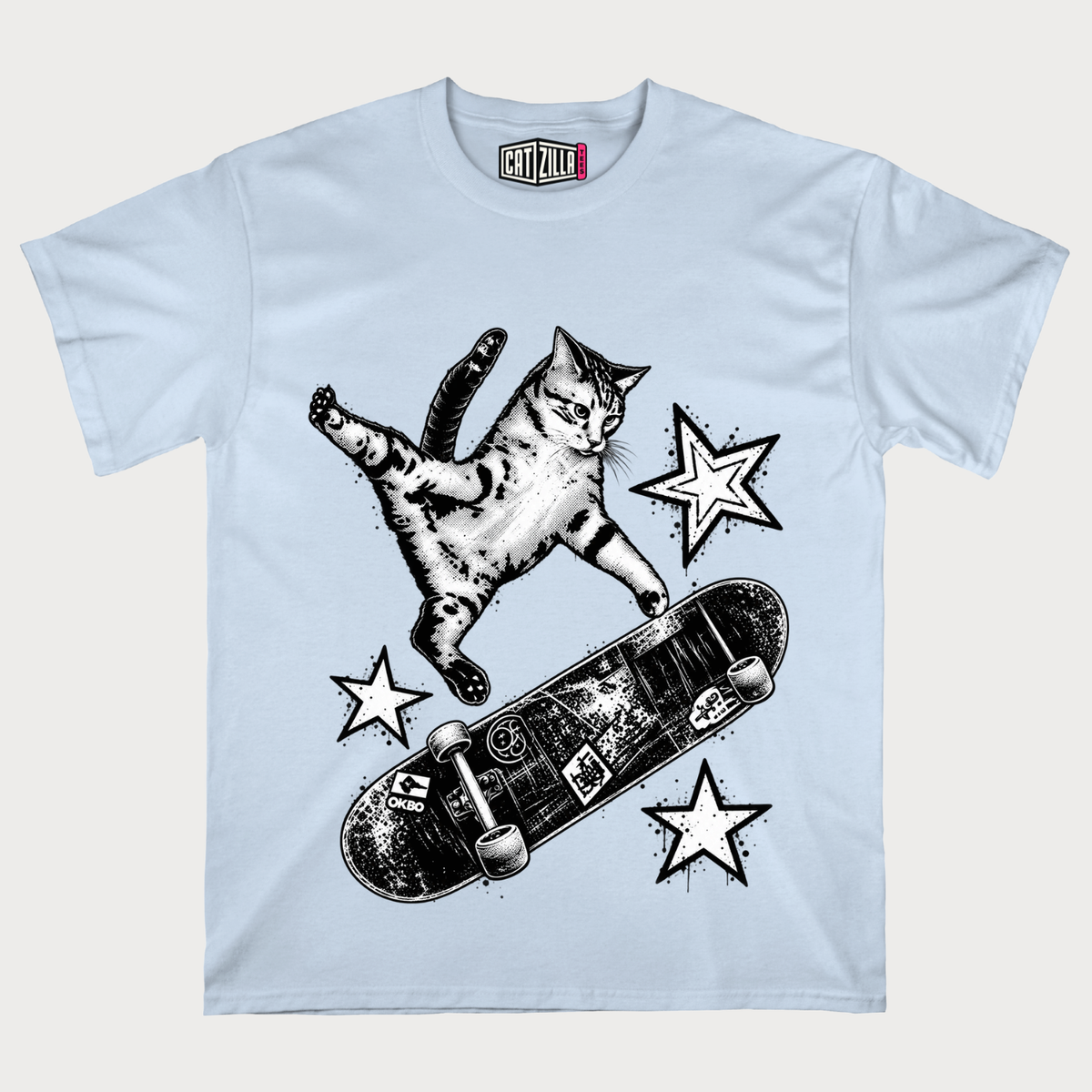 Skateboarding Cat T-Shirt — Retro Grayscale Skateboard Kitty Tee