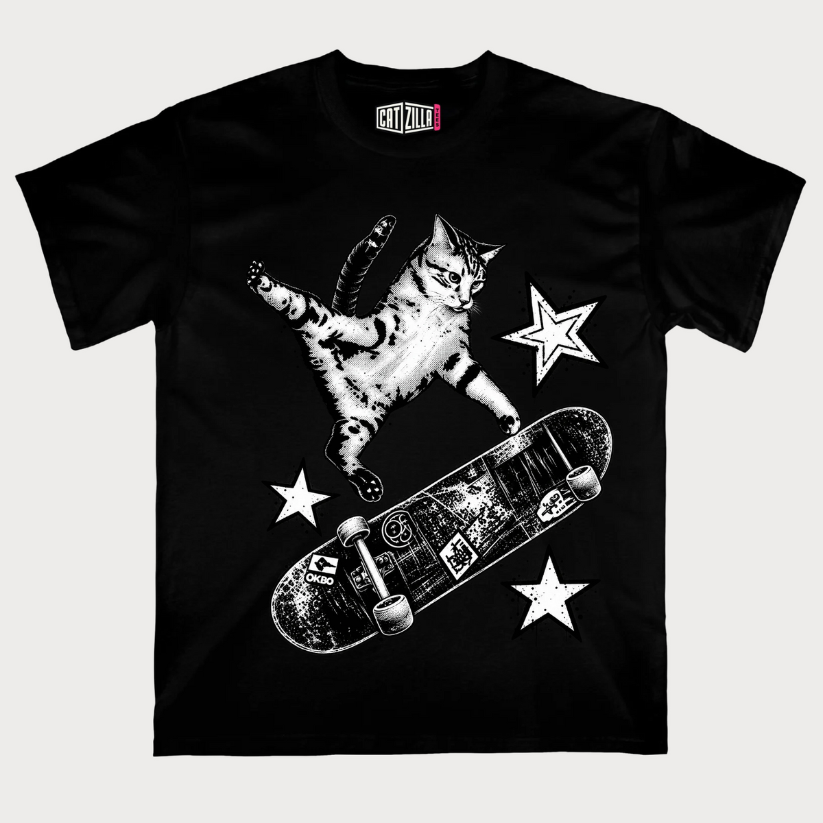 Skateboarding Cat T-Shirt — Retro Grayscale Skateboard Kitty Tee