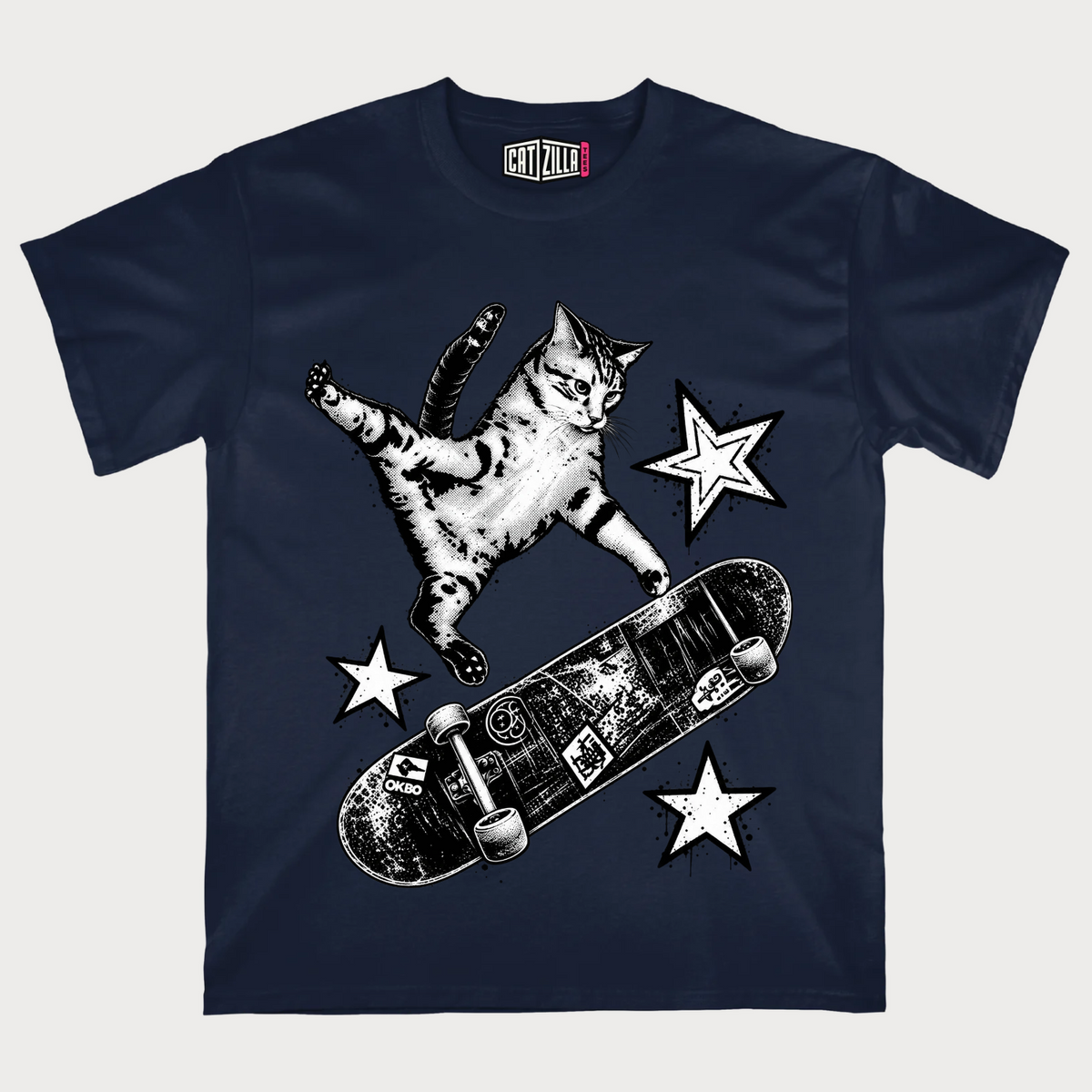Skateboarding Cat T-Shirt — Retro Grayscale Skateboard Kitty Tee